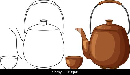 Théière japonaise brune et tasse à thé avec version contour, style vectoriel plat, composition propre Illustration de Vecteur