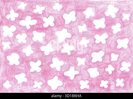 Modèle sans couture dessiné à la main avec des silhouettes de fleurs blanches sur fond de crayon rose. Fleurs de différentes tailles, forme simple avec quatre pétales. Floraison printanière. Conception pour enfants, tissu, papier peint, cartes. Banque D'Images