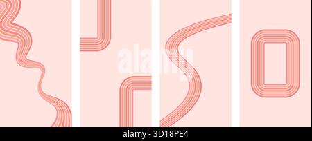 Ensemble de fonds lignes rose arc-en-ciel groovy. Rayures ondulées et cadre rectangle girly couleurs vintage couvre pour la collection de médias sociaux. Mur à vagues ludique Illustration de Vecteur