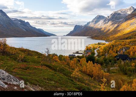 Belle vue sur l'Ersfjord sur Kvaløya, municipalité de Tromsø, Norvège. Couleurs d'automne à Ersfjordbotn. Paysage d'automne norvégien. Banque D'Images