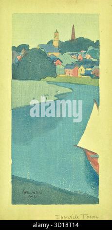 Arthur Wesley Dow - Ipswich Town or Harbor Scene - c1894 - L'œuvre représente une scène portuaire à Ipswich, Massachusetts, avec un voilier au premier plan sur une étendue d'eau. En arrière-plan, une ville est représentée avec des bâtiments, dont une tour d'église et une flèche, entourés d'arbres. La composition est une pièce verticale qui reflète l'étude de Dow de l'esthétique japonaise et des techniques d'impression sur bois, qu'il a combinée avec une sensibilité anglaise Arts and Crafts. Banque D'Images