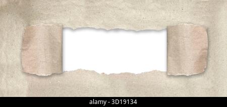 Papier marron clair horizontal, révélant un espace lblanc lisse au centre. Bords le papier déchiré est rugueux et naturellement iré. Sections de peele de papier Banque D'Images