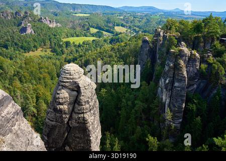 Vue rapprochée de la formation rocheuse de grès altérée au-dessus de la forêt verte dans le parc national de la Suisse saxonne, Allemagne. Concept de géologie naturelle et lan Banque D'Images