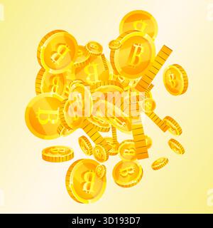 Les pièces de Bitcoin tombent. Pièces de BTC d'or dispersées de crypto-monnaie. Monnaie Internet. Concept de richesse ou de réussite du jackpot. Illustration vectorielle carrée. Illustration de Vecteur