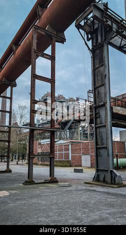 Géométrie industrielle avec des poutres et des tuyaux métalliques qui se croisent dans l'ancienne usine. Banque D'Images