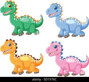 Quatre dinosaures de bande dessinée colorés avec des contours audacieux et des expressions joyeuses dans un style vectoriel ludique. Illustration de Vecteur