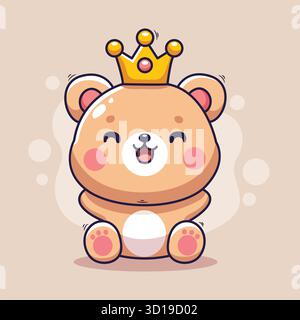 Ours mignon portant une couronne assise joyeusement – illustration vectorielle fantaisiste avec thème royal Banque D'Images