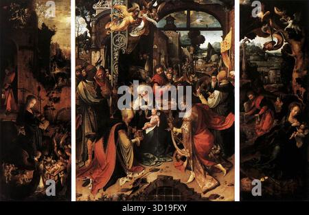 BEER, Jan de (b. CA. 1475, Anvers, d. CA. 1528, Anvers) Triptyque c. 1515 huile sur panneau, 156 x 123 cm (central), 156 x 58 cm (chaque panneau latéral) Pinacothèque di Brera, Milan le triptyque représente l'Adoration des Mages (centre), la Nativité (panneau de gauche), et le repos pendant la fuite en Égypte (panneau de droite). --- mots-clés : ------------- Auteur : BEER, Jan de titre : triptyque chronologie : 1501-1550 École : Flamand forme : peinture type : religieux Banque D'Images