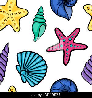 Motif Seashell sans couture. conception de carte de voeux de vacances et invitation de vacances d'été saisonnières, fêtes de plage d'été, tourisme et voyage Illustration de Vecteur