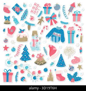 Ensemble doodle joyeux nouvel an et joyeux Noël. Collection d'éléments de Noël pour concevoir des cartes de voeux de vacances et des invitations du joyeux Noël an Illustration de Vecteur