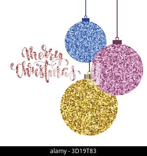 Boule de Noël suspendue à paillettes dorées. Calligraphie dessinée à la main Joyeux Noël lettrage. Concevoir la carte de voeux de vacances et les invitations de Joyeux Noël Illustration de Vecteur