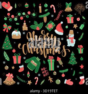 Ensemble doodle joyeux nouvel an et joyeux Noël. Collection d'éléments de Noël pour concevoir des cartes de voeux de vacances et des invitations du joyeux Noël an Illustration de Vecteur