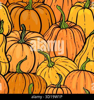 Modèle sans couture avec citrouille dessinée à la main dans le style de bande dessinée. Joli motif automne textile sans couture. conception pour carte de vœux et invitation de saison Illustration de Vecteur