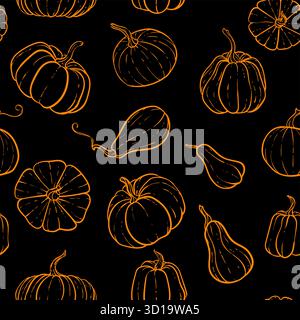 Modèle sans couture avec citrouille noire et blanche dessinée à la main. Joli motif automne textile sans couture. conception pour carte de vœux et invitation Illustration de Vecteur