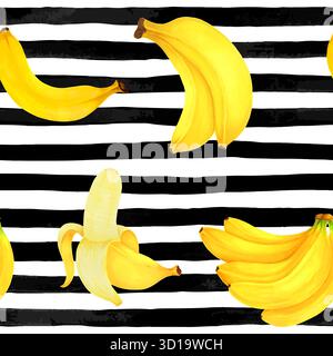marqueurs de motif sans couture peignant des bananes sur fond de rayures d'aquarelle noir et blanc. conception pour carte de voeux de vacances et invitation de l'été Illustration de Vecteur