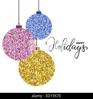 Boule de Noël suspendue à paillettes dorées. Calligraphie dessinée à la main Joyeux Noël lettrage. Concevez des cartes de vœux de vacances et des invitations Joyeux Noël Illustration de Vecteur