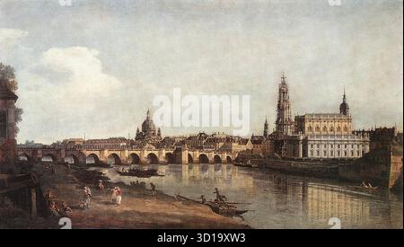 BELLOTTO, Bernardo (né en 1720, Venezia, décédé en 1780, Warszawa) vue de Dresde depuis la rive droite de l'Elbe avec le pont Auguste 1748 huile sur toile, 133 x 237 cm Gem?ldegalerie, Dresde Bellotto peint sa première grande vue de Dresde en 1747, et la complète un an plus tard avec un pendentif. Des répliques des deux tableaux, peintes dans un format plus petit mais de sa propre main, sont également arrivées à la Gem?ldegalerie en 1778. Le panorama de la ville, montré sur cette photo, devait devenir la vue classique de Dresde, vue approximativement du niveau du Palais Japanische : le côté droit du PA Banque D'Images