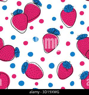 motif sans couture dessin animé noir et blanc contour fraise rose et bleu pois. conception de carte de voeux de vacances et invitation de vacances d'été saisonnières Illustration de Vecteur