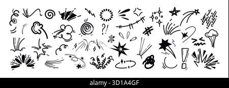 Éléments de mouvement de ligne de marqueur dessinés à la main, ensemble d'icônes manga anime doodle. Symboles d'émotion comiques noirs, emoji. Effets d'explosion, signes d'expression, accent, point d'exclamation, lignes d'action dans le style esquisse Illustration de Vecteur
