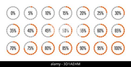Barres de progression. Modèle d'indicateur de graphique circulaire de remplissage de couleur orange et gris. Progression du chargement du graphique rond. Entourez les icônes des diagrammes pour les infographies Illustration de Vecteur