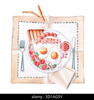Petit déjeuner servi sur une serviette. Illustration aquarelle isolée sur le thème de la nourriture pour la conception de menu de restaurant, magazines gastronomiques et festivals Banque D'Images
