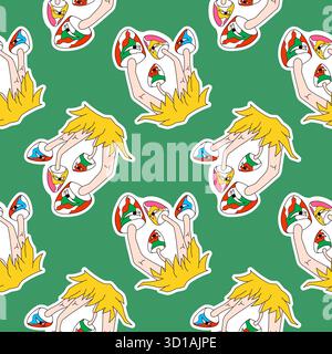 Seamless pattern with psychedelic mushroom on a green background in surreal and abstract groovy cartoon style. Illustration de Vecteur