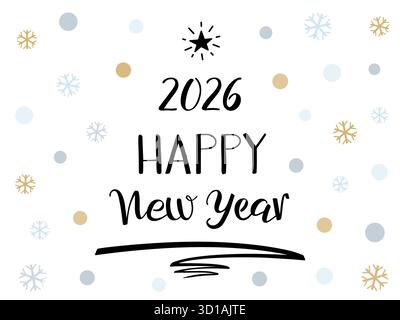 Bonne année 2026 carte de voeux lettrée à la main avec un trait de stylo d'arbre de Noël et une étoile. Calligraphie moderne à l'encre au pinceau. Texte noir isolé sur blanc Illustration de Vecteur