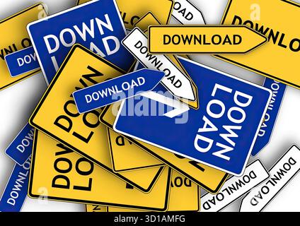 Signalisation routière et routière. Panneaux réglementaires : ces panneaux dictent les règles de circulation et sont souvent noirs, blancs et rouges, bien que les couleurs puissent varier. Exemples : arrêt, rendement, limite de vitesse et ne pas entrer. Panneaux d'avertissement : ces panneaux avertissent les conducteurs des dangers potentiels et des conditions à venir. Les exemples incluent des panneaux pour les routes sinueuses, les passages à cerfs et les passages pour piétons. Ces signes sont souvent jaunes ou fluorescents jaune/vert. Panneaux de guidage et d'information : ces panneaux fournissent des indications directionnelles ou des informations générales. Des exemples incluent les panneaux directionnels avec des flèches et les panneaux pour les services. Banque D'Images