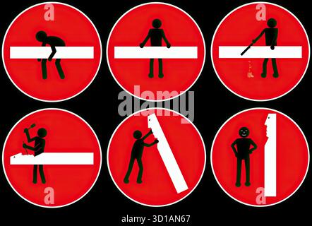 Signalisation routière et routière. Panneaux réglementaires : ces panneaux dictent les règles de circulation et sont souvent noirs, blancs et rouges, bien que les couleurs puissent varier. Exemples : arrêt, rendement, limite de vitesse et ne pas entrer. Panneaux d'avertissement : ces panneaux avertissent les conducteurs des dangers potentiels et des conditions à venir. Les exemples incluent des panneaux pour les routes sinueuses, les passages à cerfs et les passages pour piétons. Ces signes sont souvent jaunes ou fluorescents jaune/vert. Panneaux de guidage et d'information : ces panneaux fournissent des indications directionnelles ou des informations générales. Des exemples incluent les panneaux directionnels avec des flèches et les panneaux pour les services. Banque D'Images