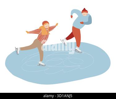 Patinoire extérieure avec des gens qui patinent. Homme et femme sur la patinoire, illustration plate vectorielle. Clipart de sport d'hiver isolé sur fond blanc Illustration de Vecteur