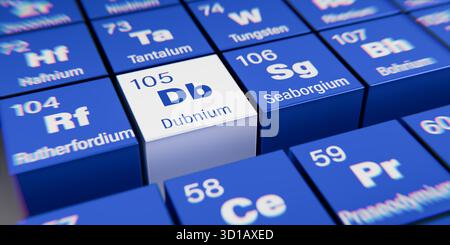 Vue détaillée de l'élément chimique DB Dubnium de numéro atomique 105 dans la table périodique des éléments. Effet de dispersion dynamique au niveau du maïs Banque D'Images