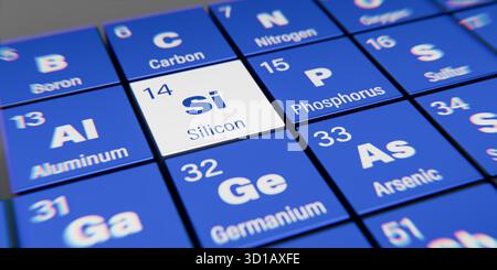 Vue détaillée de l'élément chimique silicium de numéro atomique 14 dans la table périodique des éléments. Effet de dispersion dynamique au niveau de la corne Banque D'Images