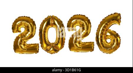 Bonne année 2026. Ballons dorés en forme de chiffres sur fond blanc Banque D'Images