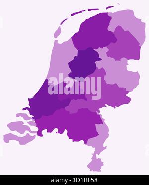 Carte des pays-Bas avec les régions. Une simple carte des frontières du pays avec les divisions régionales. Palette de couleurs violettes. Illustration de Vecteur