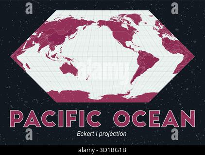 Carte du monde avec la projection Eckert I centrée sur l'océan Pacifique, rendue dans une palette de menthe pâle et rose foncé avec une texture vintage. Illustration de Vecteur