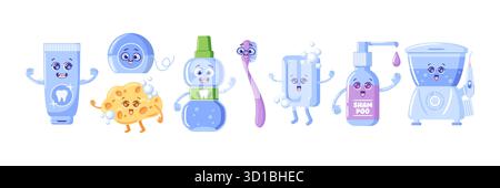 ensemble vectoriel d'articles de routine d'auto-soins du matin kawaii, y compris un tube de dentifrice, une brosse à dents adorable, un fil dentaire amusant, un rince-bouche pratique Illustration de Vecteur