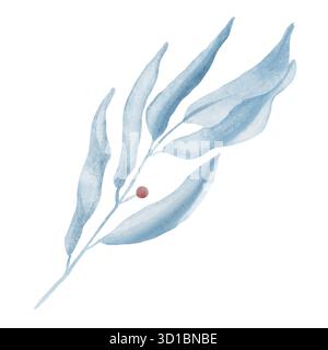 Branche décorative avec des feuilles bleues dans un style aquarelle délicat, avec des nuances douces et des formes élégantes. Parfait pour les cartes de voeux, invitat de mariage Banque D'Images