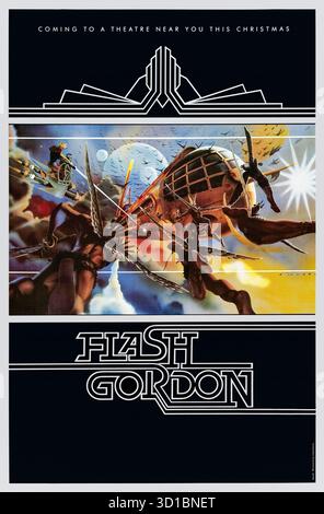 Flash Gordon (1980) réalisé par Mike Hodges et mettant en vedette Sam J. Jones, Melody Anderson et Max von Sydow. Le quarterback étoile Flash Gordon fait équipe avec des alliés pour combattre le souverain tyrannique Ming l'impitoyable afin de sauver la Terre de la destruction. Photographie d'une affiche originale américaine de 1980 présentant des œuvres de Philip Castle À USAGE ÉDITORIAL EXCLUSIF. Crédit : BFA / Universal Pictures Banque D'Images
