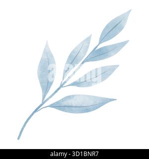Branche décorative avec des feuilles bleues dans un style aquarelle délicat, avec des nuances douces et des formes élégantes. Parfait pour les cartes de voeux, invitat de mariage Banque D'Images