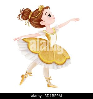 Mignonne ballerine fille dans un tutu doré dansant gracieusement, aquarelle style de livre pour enfants. Parfait pour les contes de fées, décor de crèche, affiche d'école de danse Banque D'Images
