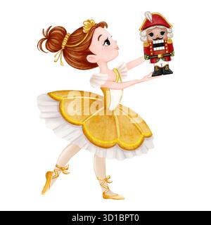 Illustration aquarelle d'une fille de ballerine dans un tutu doré tenant un jouet casse-noisette. Doux, style conte de fées. Parfait pour les cartes de Noël, les enfants Banque D'Images