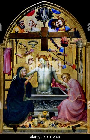 Homme des douleurs entre la Vierge, Saint Jean l'Evangéliste et les instruments de la passion, 1404 par Lorenzo Monaco 1370 - 1425 Florence Italie. La Galerie de l'Académie ( Lorenzo Monaco a créé un tableau célèbre intitulé « homme des douleurs avec les instruments de la passion », datant de 1404. Cette tempera sur panneau, à l'origine de la fin gothique ou gothique internationale période, est tenue à la Galleria dell'Accademia à Florence.) Banque D'Images