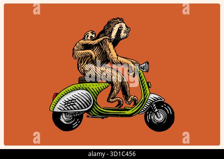 Mignon Sloth avec un bébé sur un scooter vélo, moto. Personnage animal sur véhicule. Concept moderne au look vintage. Gravure dessinée à la main, style gravure sur bois Illustration de Vecteur