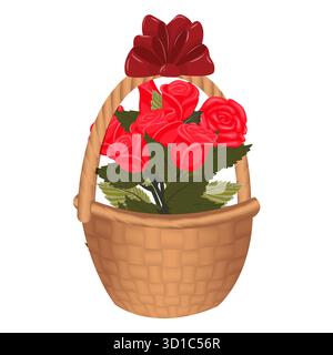 Un panier de roses rouges avec un arc écarlate sur la poignée. Illustration vectorielle isolée sur un fond blanc. Illustration de Vecteur