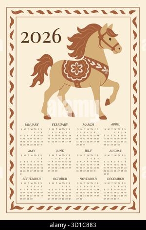 Nouvel an chinois. Calendrier pour 2026. Grille de calendrier prête avec design. Symbole du cheval du nouvel an. Cheval de feu. Modèle de calendrier. Conception prête pour l'impression. Illustration vectorielle Illustration de Vecteur