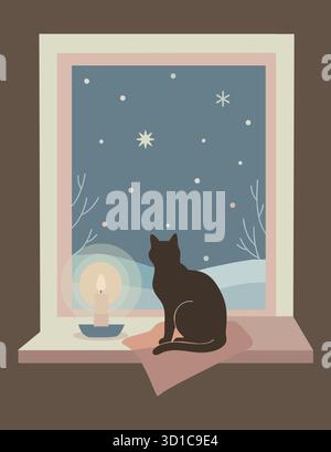 Une scène hivernale confortable avec un chat noir regardant par la fenêtre la neige qui tombe, assis à côté d'une bougie allumée. Illustration de Vecteur