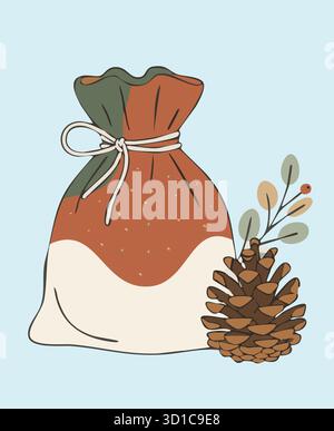 Une illustration d'un sac en tissu rempli de cadeaux, décoré d'une pomme de pin et de brindilles. Le concept de Noël et du nouvel an surprend Illustration de Vecteur