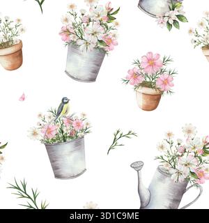 Motif aquarelle sans couture avec des fleurs de jardin roses et blanches dans des seaux en métal, des pots en argile, des arrosoirs. Fleur de pomme, camomille. Motif floral printanier avec petit oiseau, papillon. Fond blanc Banque D'Images