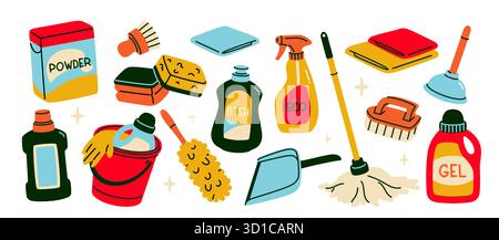 Kit de fournitures de nettoyage. Icônes ou autocollants avec détergents, lessive, vadrouille, chiffons, piston pour le nettoyage et le rangement. Outils ménagers. Vecteur plat Illustration de Vecteur