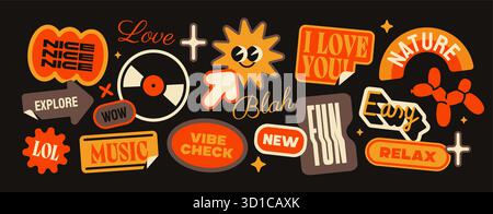 Correctifs futuristes de l'an 2000. Stickers abstraits dans le style funky des années 90. Étiquettes rétro avec des éléments et des phrases groovy hipster. Tags modernes à la mode. Vecteur plat Illustration de Vecteur